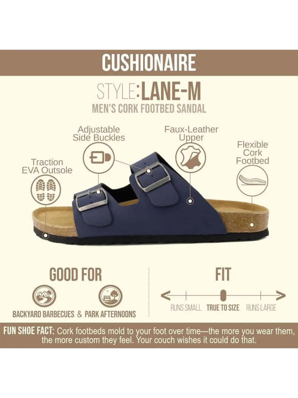 Men's Navy Nubuck Lane Cork Footbed Sandals Adjustable Buckle Comfort Slides